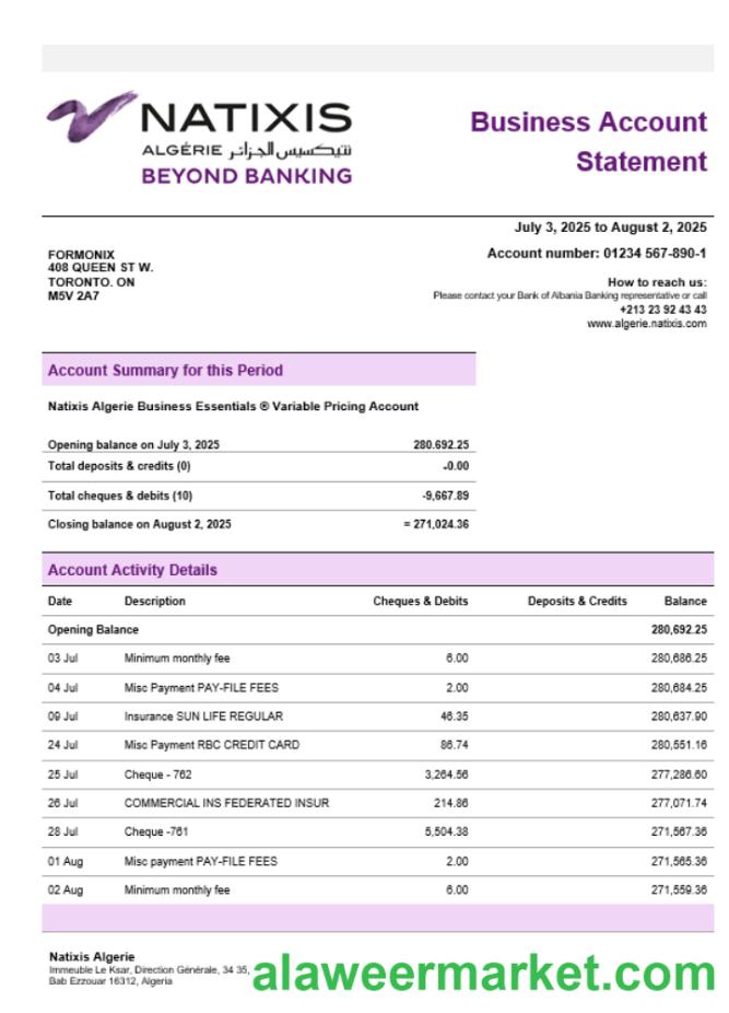 Natixis Algerie business bank statement Word and PDF format